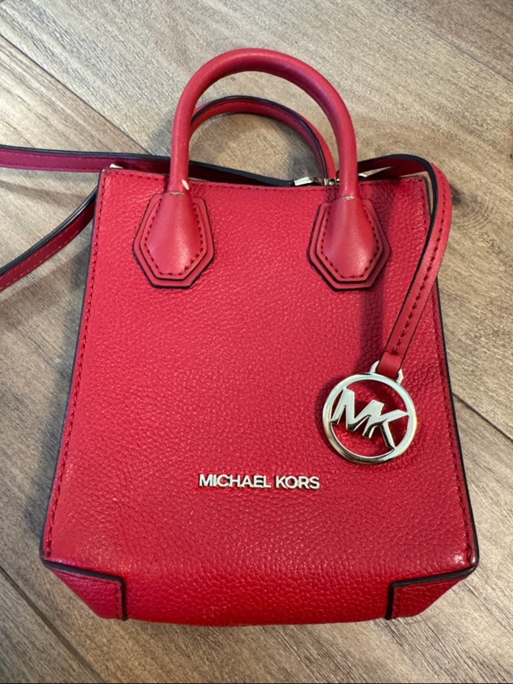 Michael Kors Red Pebbled Leather Mini Satchel with Gold Logo Charm
